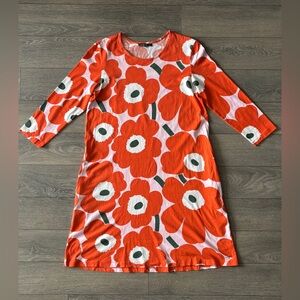 Marimekko Aretta Pieni Unikko Poppy Jersey Mini Dress - Orange/Pink Size S